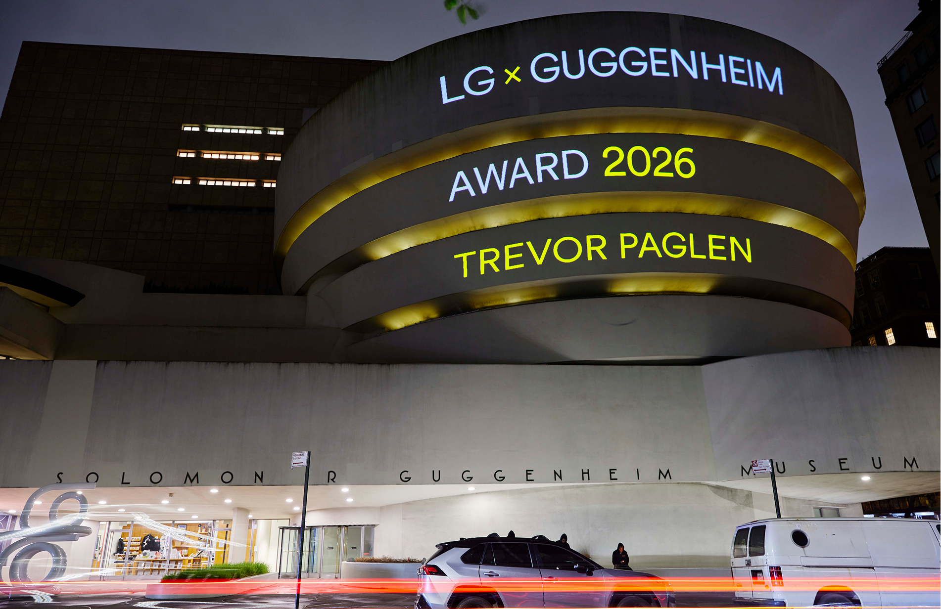 Guggenheim Museum facade branding celebrating Trevor Paglen, 2026 LG Guggenheim Award recipient