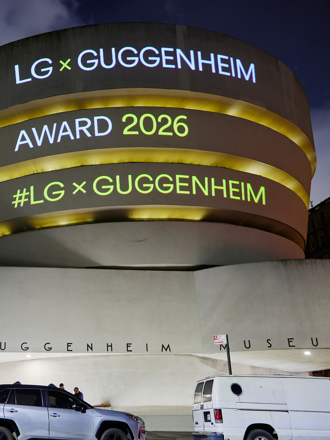 LG Guggenheim Art and Technology Initiative branding projected across the Guggenheim Museum facade