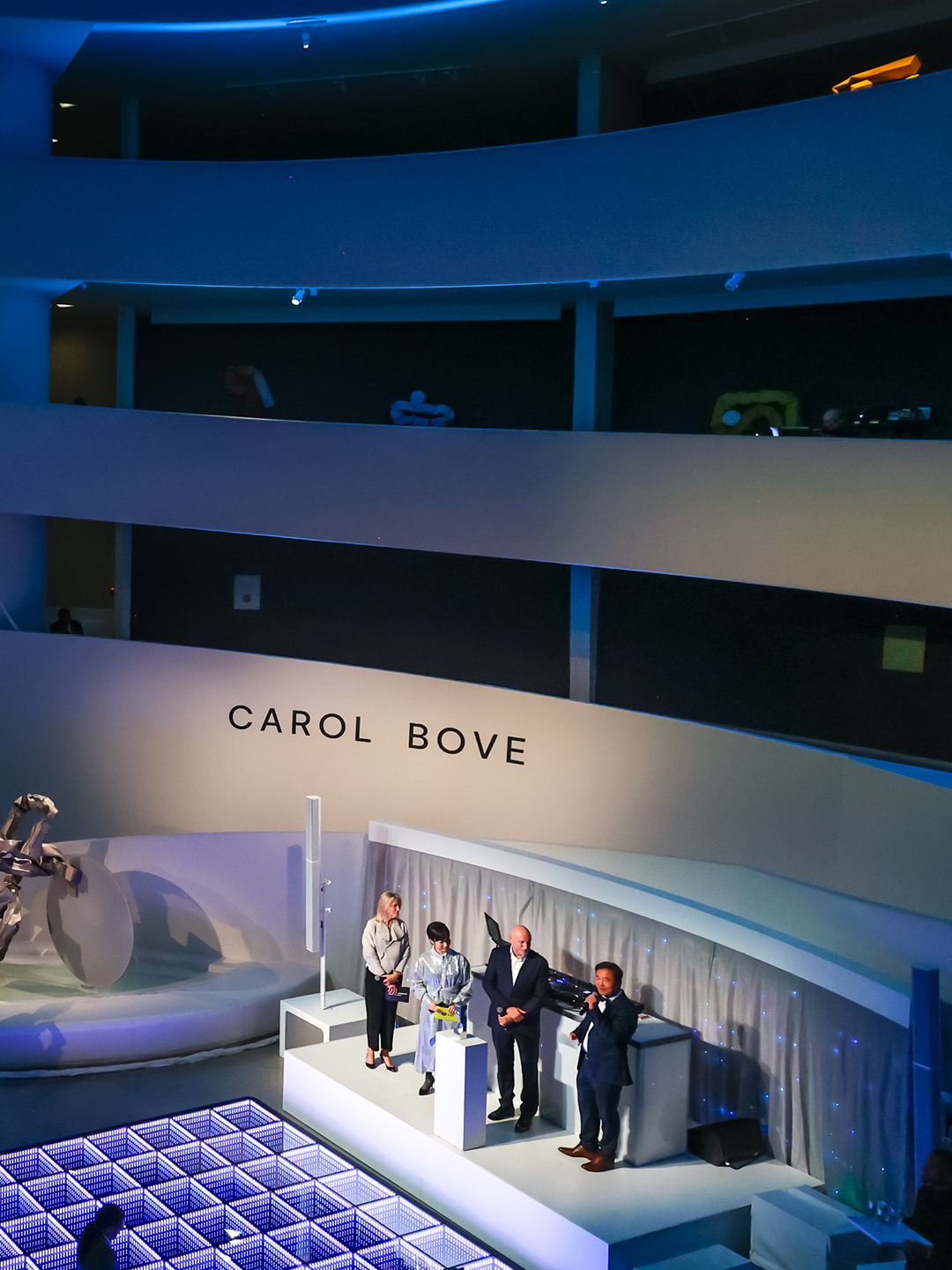 Guggenheim Museum rotunda ceremony with LG and Trevor Paglen’s names projected on the interior wall