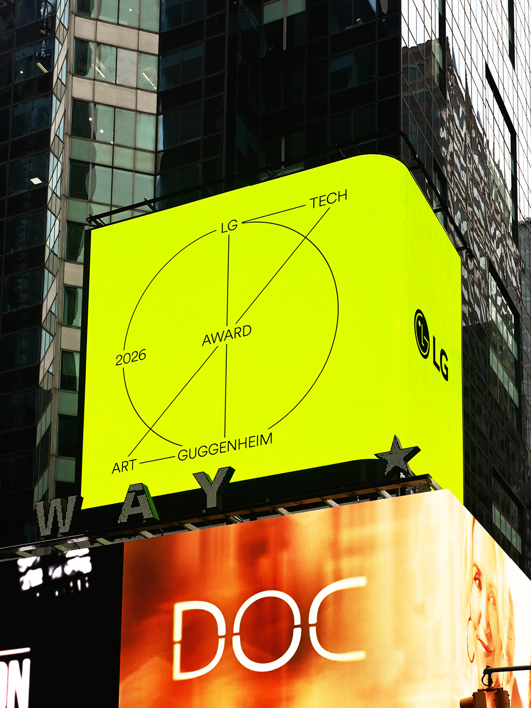 LG Guggenheim Award visual identity video displayed on a Times Square billboard in New York