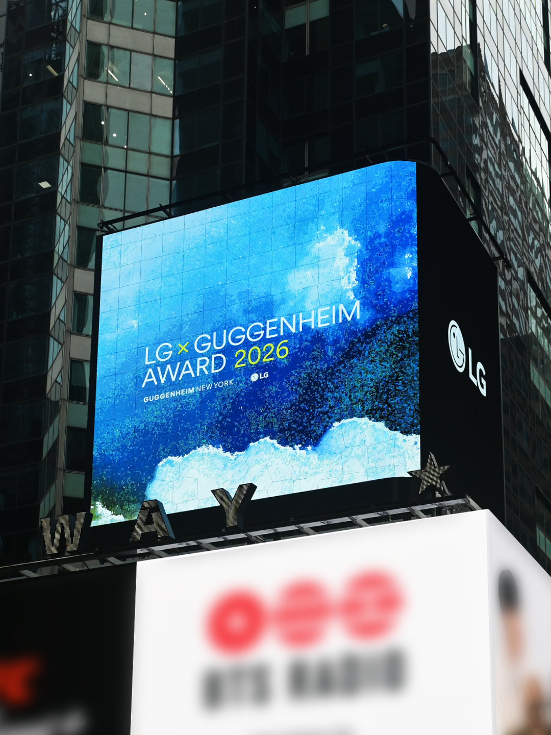 Trevor Paglen’s work and LG Guggenheim Award visual identity displayed on a Times Square billboard in New York