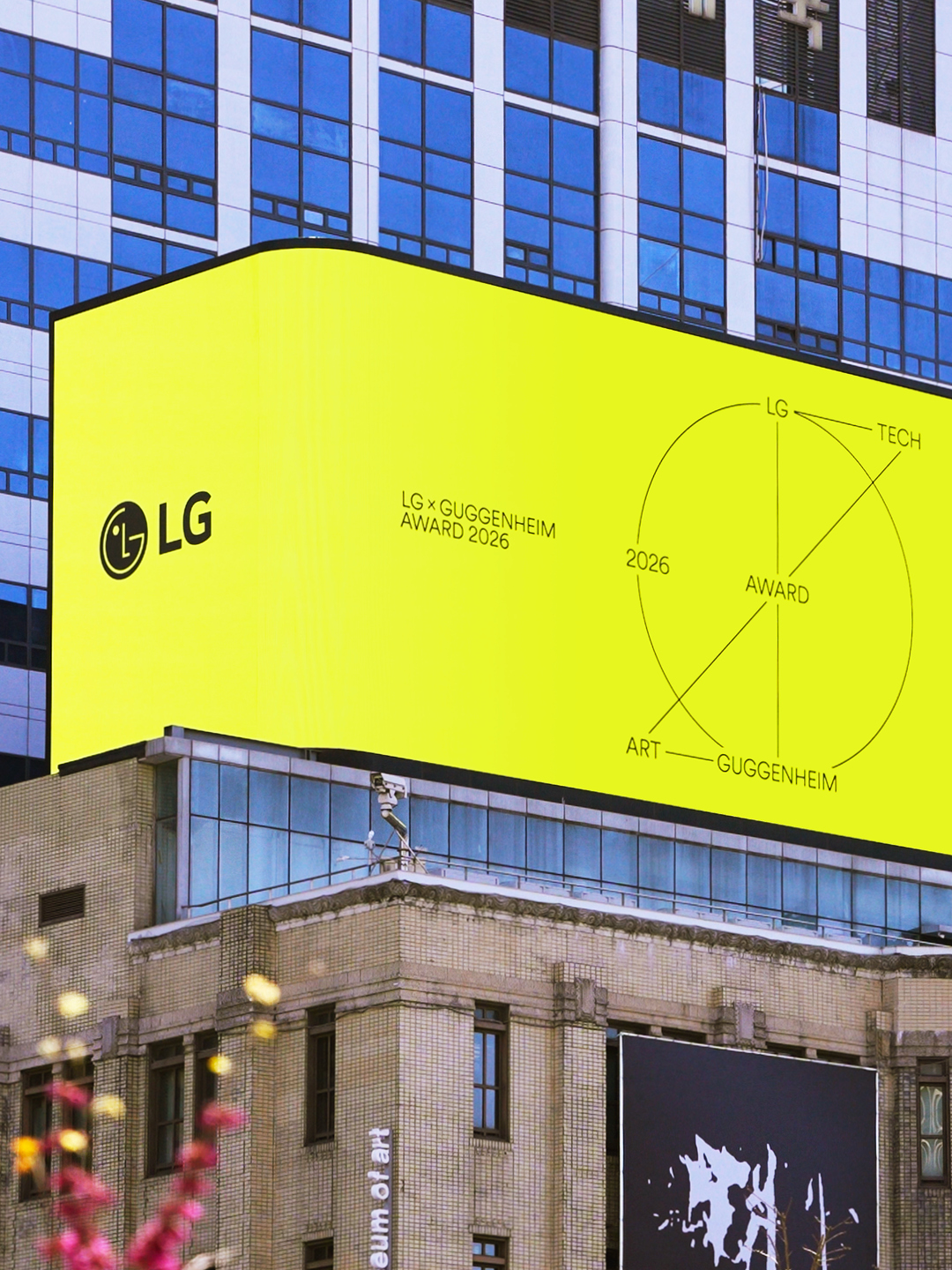 LG Guggenheim Award visual identity video displayed on a Gwanghwamun Square billboard in Seoul