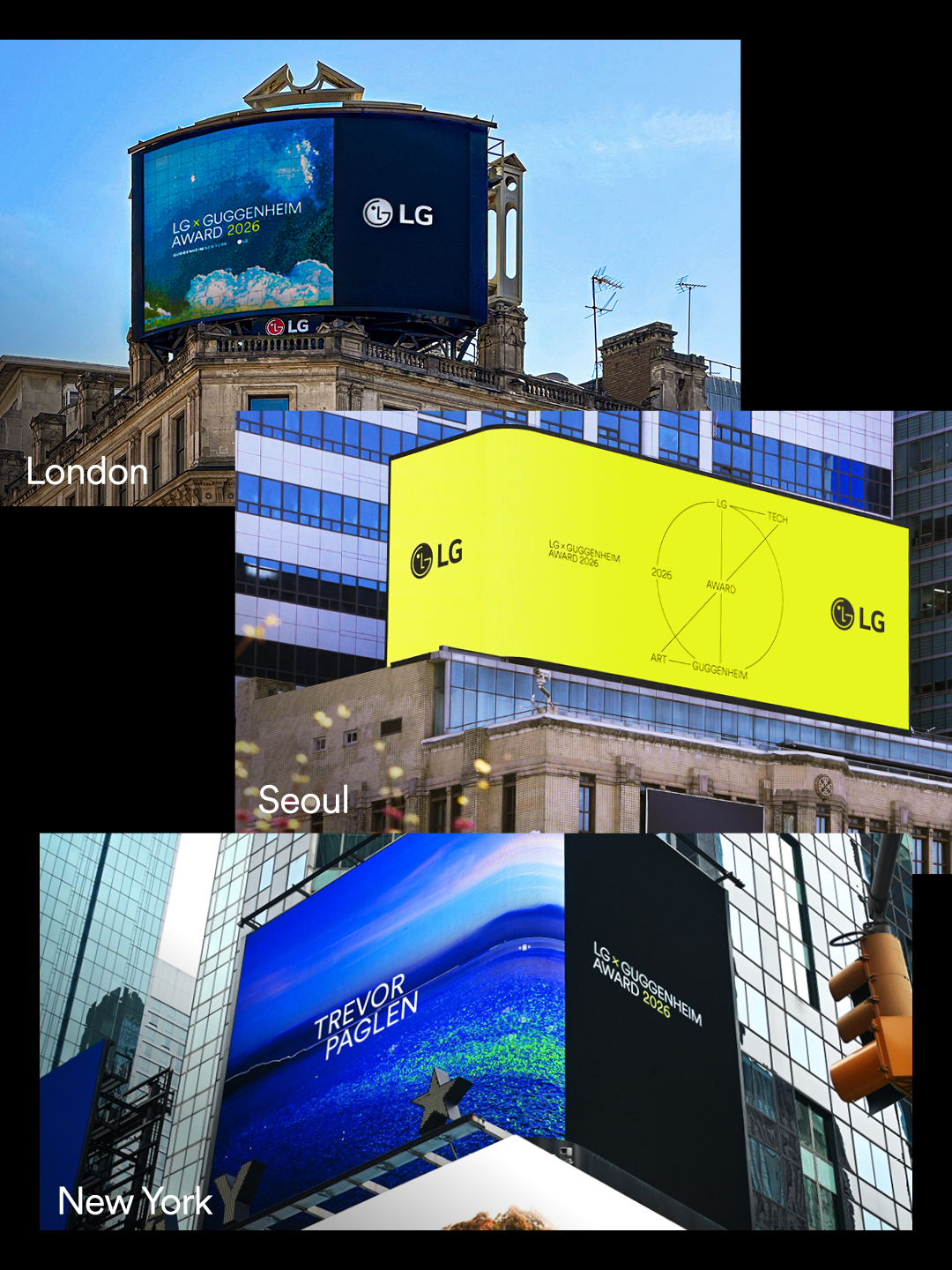 Trevor Paglen’s LG Guggenheim Award celebration video displayed on large-scale billboards in New York, London, and Seoul
