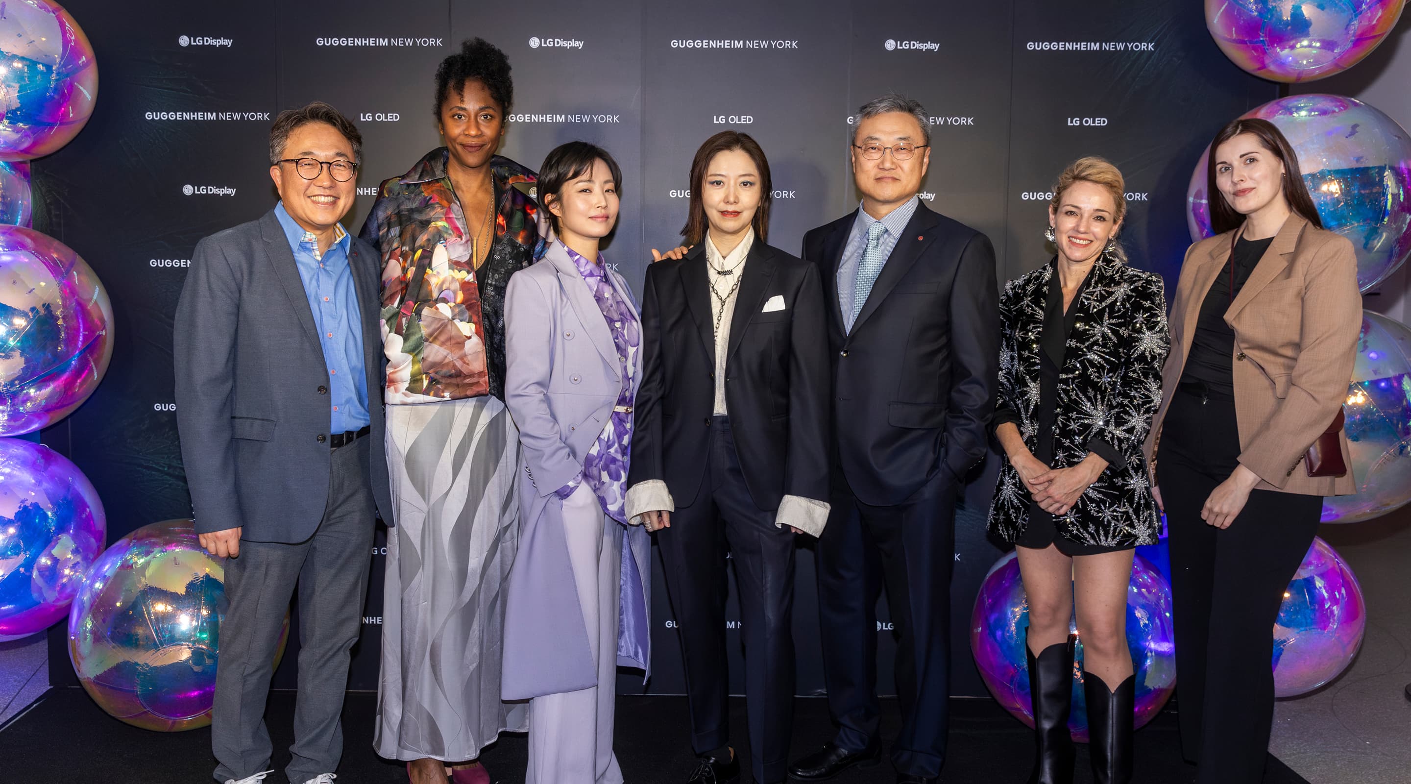 Chulho Huh, Vice President of LG Electronics USA, Naomi Beckwith, Deputy Director of Guggenheim, Seol Park, Head of Brand Management of LG Corp., Ayoung Kim, the 2025 LG Guggenheim Award recipient, Chris Jung, CEO of LG Electronics USA, Noam Segal, LG Electronics Associate Curator of Guggenheim, Lori Camilleri, Director of Corporate Philanthropy and Global Partnerships of Guggenheim